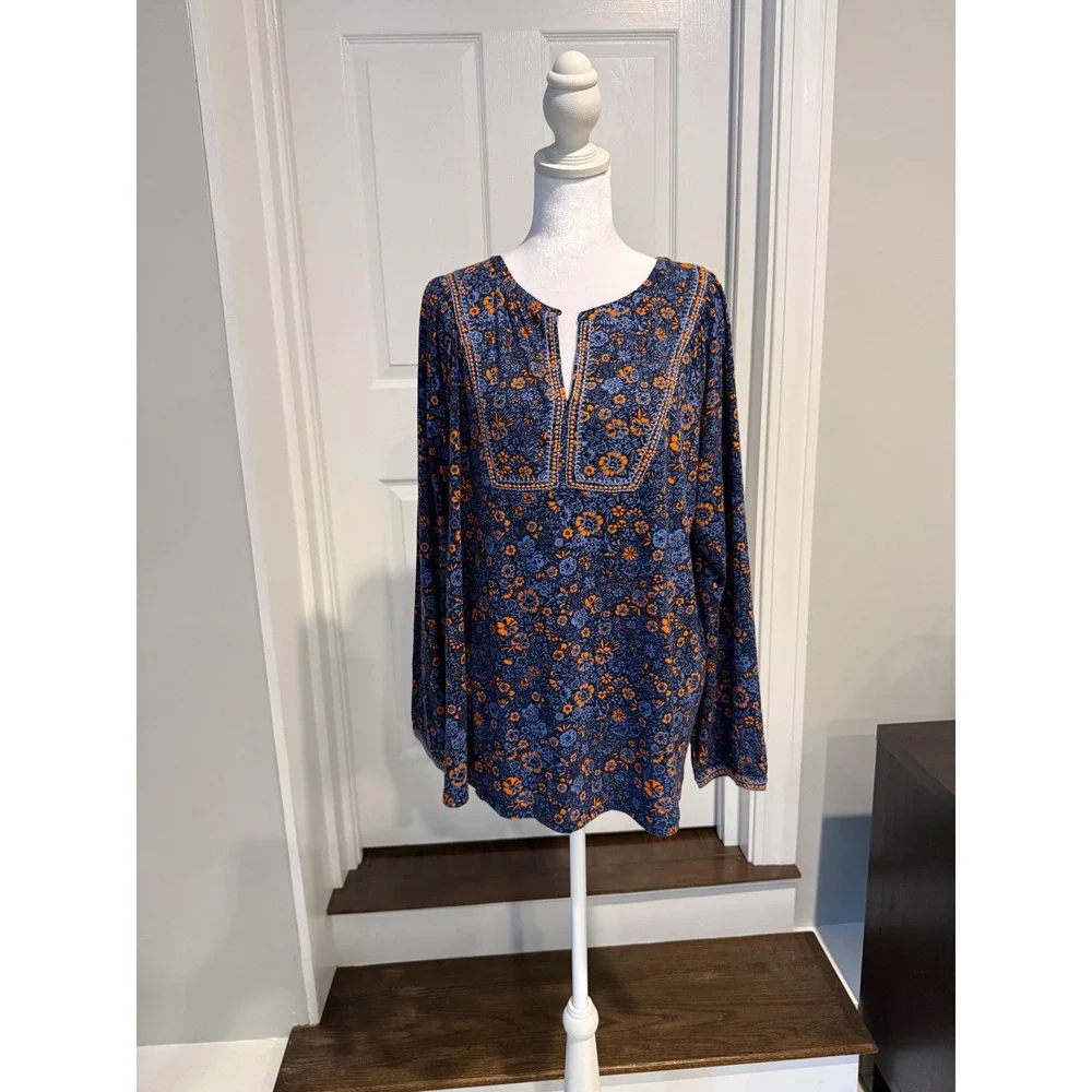 J Jill Large Navy Floral Tunic Top Embroidered Split Neck Cotton Modal NWT new - Picture 2 of 13
